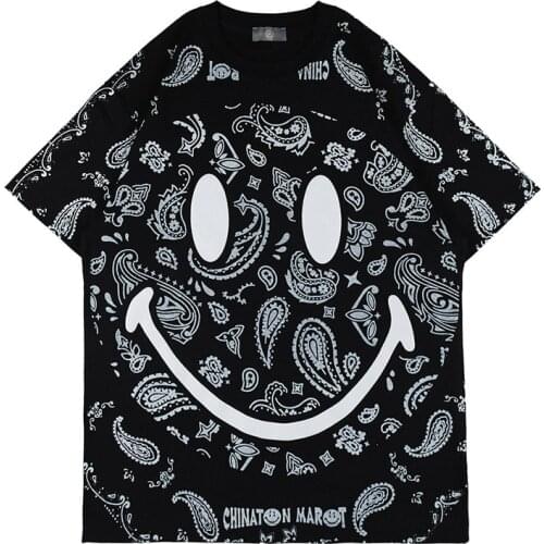 Firmranch 2021 Tee For Men/Women White Paisley Print Black Short Sleeve Hip Hop Loose Vibe Style High Street T-shirt Large