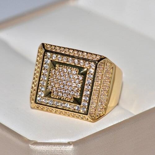 New mens Hip-Hop Ring Copper-Plated Gold-Plated Micro-Inlaid Zircon Square Ring All-Match Index Finger Bracelet In All Seasons