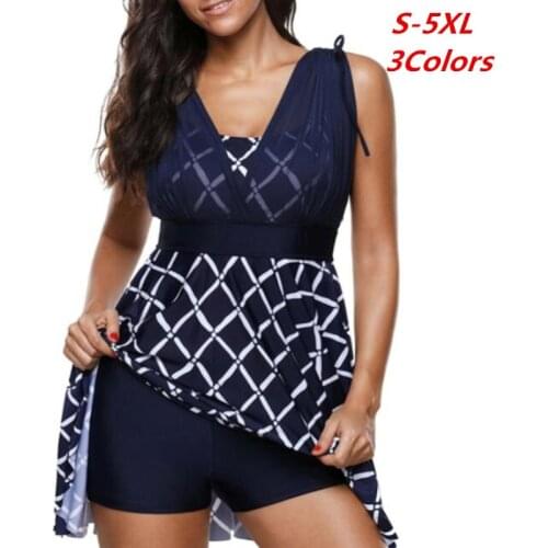 Plaid Print Plus Size Women Tankini Mesh Swimwear For Big Size Girl Two Pieces Swimsuit With Shorts Push Up Swim Wear High Waist