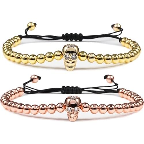 Charm Copper Beads Adjustable Bracelet Micro Pave Skull Bracelets Women Men Handmade Weave Punk Jewelry Best Friend Gifts