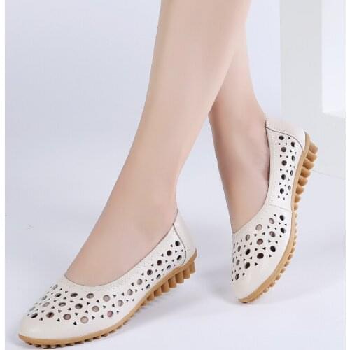 OKKDEY Split Leather Shoes Woman Flats Mothers Shoes Hollow Light Weight loafers women shoes Breathable Summer ladies shoes