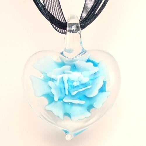 RED SNAKE Heart-Shaped Blue Coral Flower Murano Glass Pendant Necklace