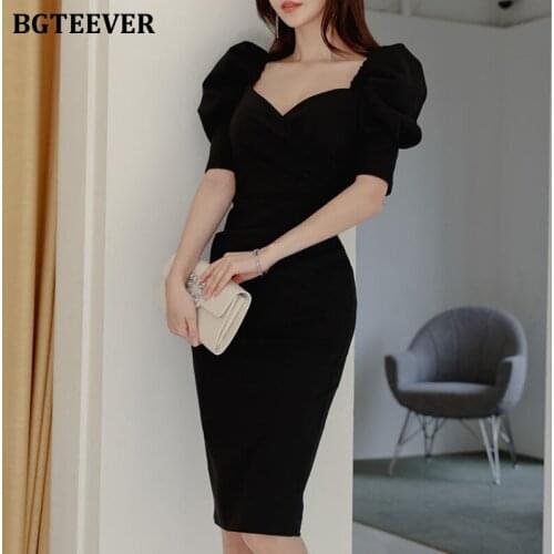 BGTEEVER Chic Office Ladies Square Collar Package Hip Dress Puff Short Sleeve Female Pencil Midi Dress 2021 Spring OL Vestidos