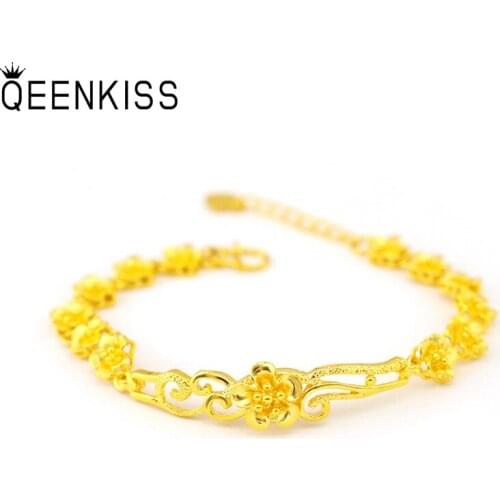 QEENKISS BT5126 Fine Jewelry Wholesale Fashion Hot Woman Girl Bride Mother Birthday Wedding Gift Flower 24KT Gold Chain Bracelet