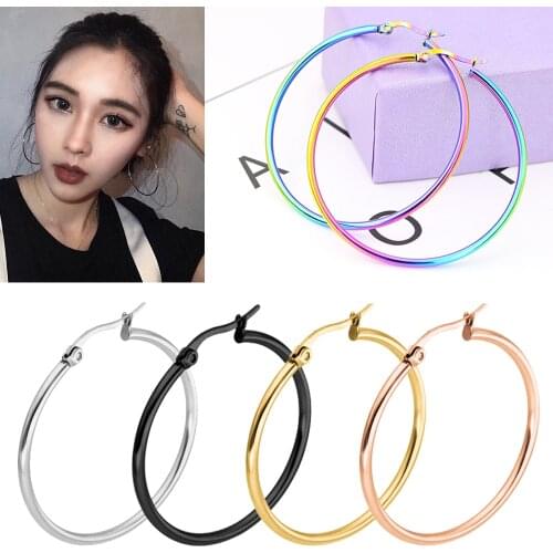 Fashion Big Smooth Circle Hoop Earrings for Women 10-75mm Stainless Steel Round Statement Earrings Party Girl Gift Jewelry