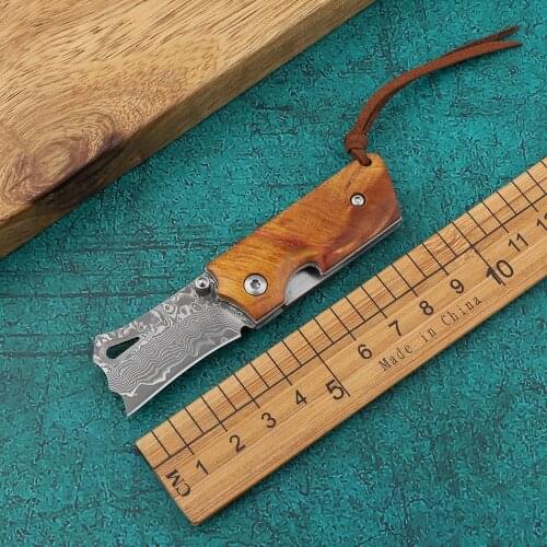 Mini Damascus Blade Wooden Handle Folding Folding Knife Outdoor Portable Camping Tactical Survival Knife Practical EDC Tool