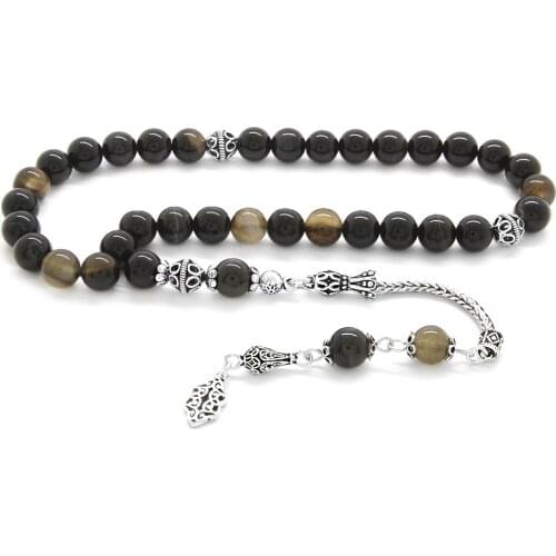 Babba 925 Sterling Silver Tasseled Sphere Cut Süleyman Agate Natural Stone Tasbih