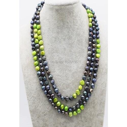 WOW! freshwater pearl black green baroque 8-9mm long necklace 60inch nature FPPJ wholesale