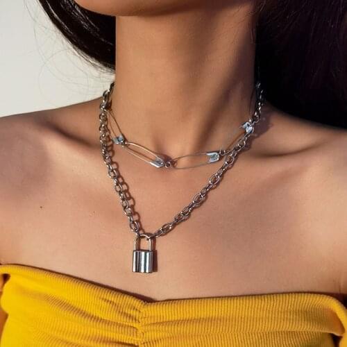 Vintage Punk Creative Pin Lock Pendant Necklace Women Double Layer Thick Chains Geometric Clavicle Necklaces Pendants Jewelry