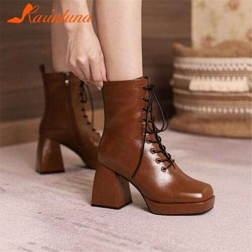 KARINLUNA big size 34-43 brand female chunky high heels boots zip Lace-up platform ankle boots women casual office shoes woman