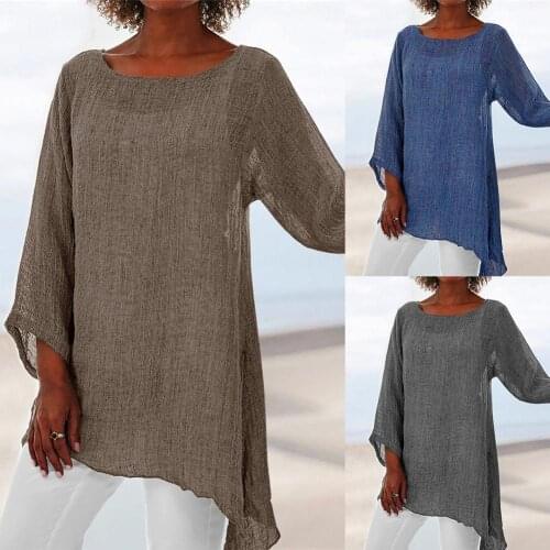 Women T-shirts Casual Plus Size Solid Color Linen O-Neck Long Sleeve Irregular Tunic Tops For Women Clothing Plus Size T-shirts
