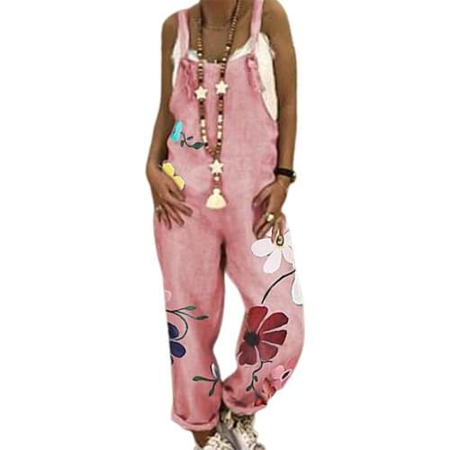 Women Jumpsuit Chrysanthemum Print Shoulder Strap Streetwear Loose Sleeveless Backless Romper Loose Sleeveless Backless Romper