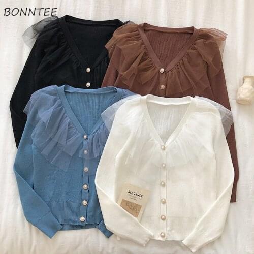 Women Cardigans Autumn Lace Spliced V-neck Single Breasted Knitted Elegant Lady Korean Style Sweaters Chic Casual Female Loose