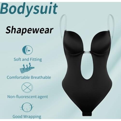Women Backless Bodysuit Shapewear U Plunge Seamless Thong Strapless Full Bodysuits Plunging Deep V-Neck Body Shaper For Wedding