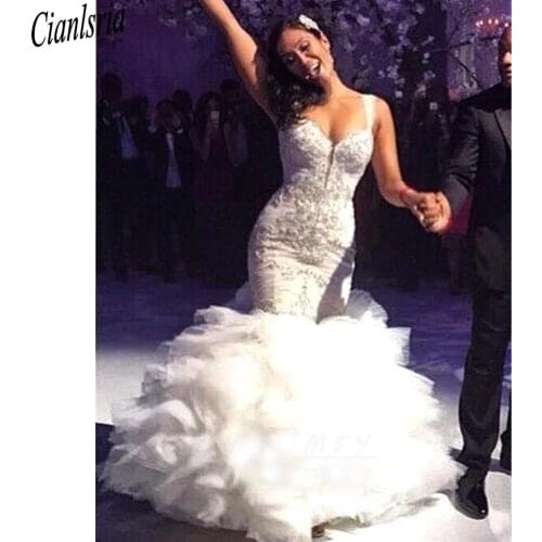 2021 Beaded Body Bridal Gowns hugging Ruffled Trumpet Mermaid Spaghetti Strap Wedding Dresses