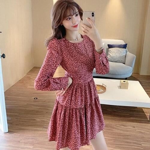 Woman Dress Summer New Womens Retro Crew Neck Puff Sleeve Fold Floral Dress Vestido De Mujer
