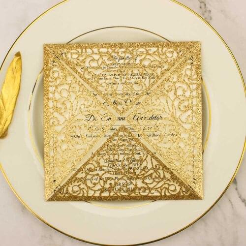 10x Rose Gold Champagne Glitter Hollow Card Laser Cut Wedding Invitation Cards Greeting Favor Invite Party Birthday Anniversary