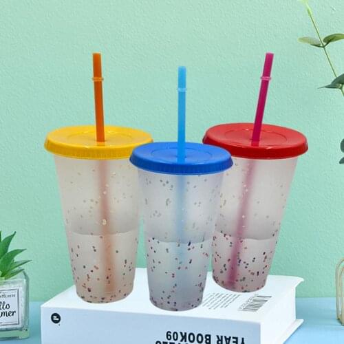 700ml Rainbow Straw Cup Food Grade Reusable PP Plastic Color Changing Bottle with Lid for Office Drinking Cup Outdoor Portable