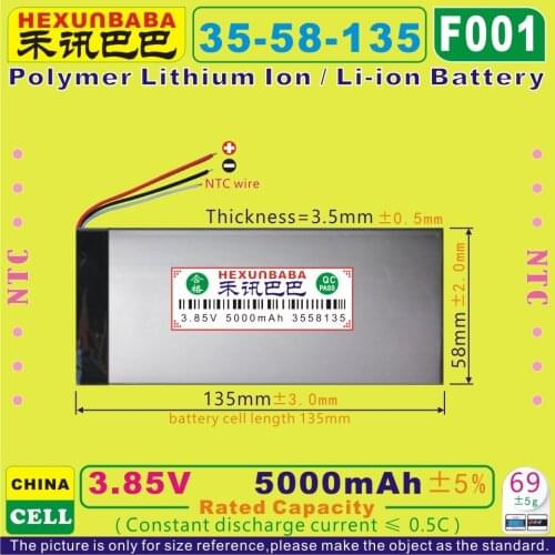 [F001] 3.85V,3.8V,3.7V 5000mAh [3558135] NTC; Polymer lithium ion / Li-ion battery for tablet pc,power bank,e-book;CELL PHONE