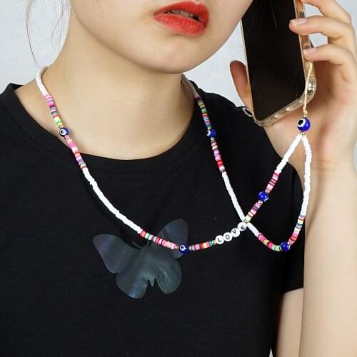 Boho Clay Letter LOVE Mobile Phone Straps Hanging Neck Rope Long Chain Anti-fall Phone Case Lanyard 2021 Trendy Phone Case Rope