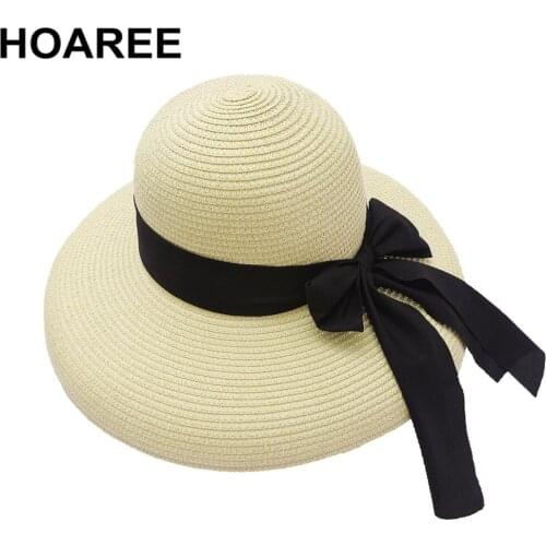 HOAREE Summer Hat British Vintage Womens Sun Hat Bowknot Straw Hat Wide Brim Sun Protection Beach Sombrero