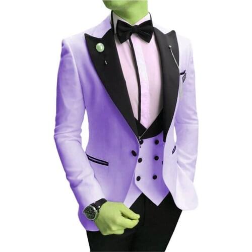 Custom Made Men Suits Lilac and Black Groom Tuxedos Peak Lapel Groomsmen Wedding 3 Pieces ( Jacket+Pants+Vest+Bow Tie ) D248