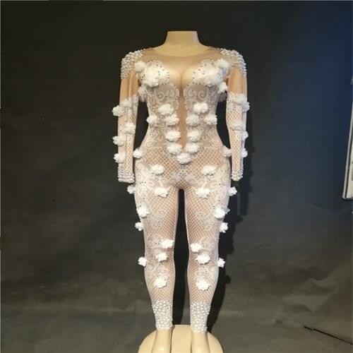 K19 White flower pole dance costumes stage wears bodysuit dj female jumpsuit sexy outfit catwalk ballroom prom dress outfit club