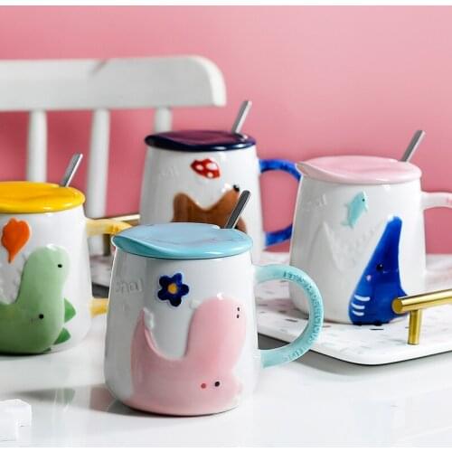 Nordic Cartoon Cute Embossed Animal Ceramic Coffee Mug Porcelain Household Breakfast Milk Cup Office Teacup with Lid and Spoon
