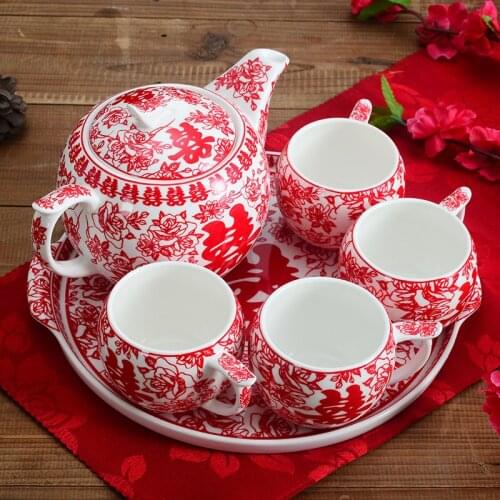Chinese paper cut red tea cup creative ceramic wedding teapot Wedding Tea Set Wedding Gift