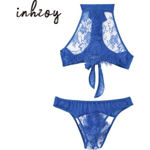 2Pcs Women Sexy See-through Lace Lingerie Set Halter Neck Self Tie Top and Briefs Underwear Nightwear
