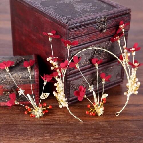 Fashion Red flower Crystal Beads Hairband Wedding Hair Jewelry Bridal Hairwear hairpin Handmade Flower Headband hair accessories