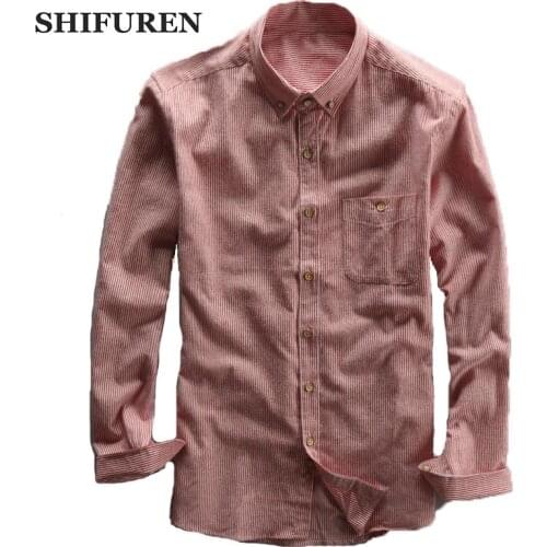 SHIFUREN 100% Cotton Men Causal Shirts Long Sleeve Striped Button Down Male Dress Shirts Turn-down Collar Plus Size S-XXXL