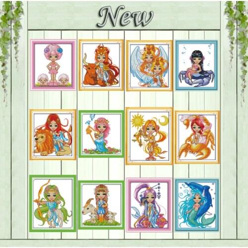 The twelve zodiac Aries Leo cartoon painting counted printed on canvas DMC 11CT 14CT Cross Stitch kits embroidery needlework Set