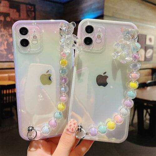 Transparent Cute Bear Wrist Chain Phone Case For IPhone 12 11 Pro Max X Xr Xs Max 6 6s 7 8 Plus Shockproof Chain Hanging Cover