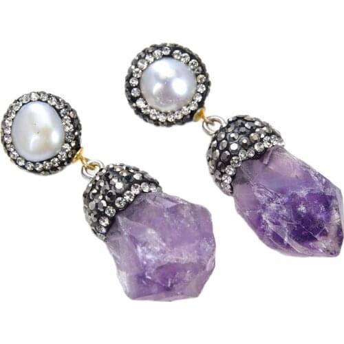 GG Jewelry 15x26MM White Pearl Purple Amethyst Rough Earrings