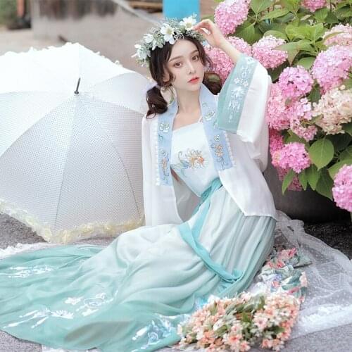 Fairy Dress Ancient Chinese Costume Women Embroidery Floral 3PCs Coat Sling Skirts Set Hanfu Girl Traditional Tan Suit DWY3937