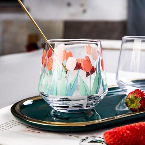 Tulip Cup Glass Japan and South Korea Hand-Painted Tulip Flower Crystal Glasses Household Heat-Resistant Drinking Cups