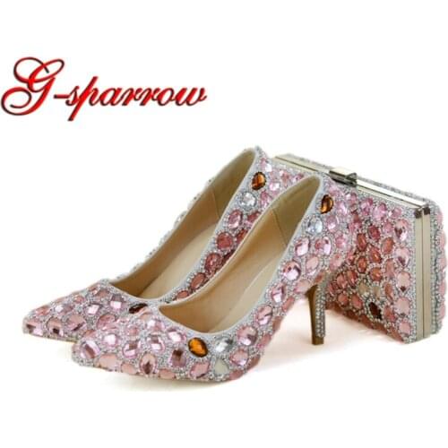 Pointed Toe Pink Rhinestone Bride Wedding Dress Shoes with Matching Purse 3 Inches High Heels Crystal Party Prom Pumps Clutch