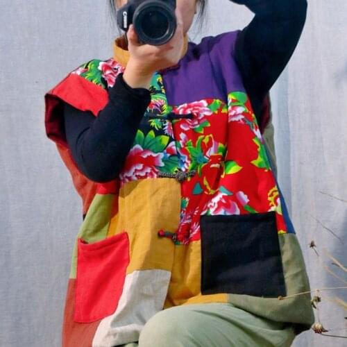 Johnature Retro Irregular Patchwork Plate Buckle Warm Cotton Vest 2021 Autumn Winter New Leisure Fashion All-match Women Vest