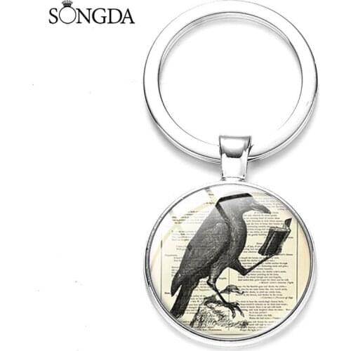 Vintage Raven Keychain Crow Reading Books Creative Print Glass Cabochon Pendant Key Ring Holder Retro Alloy Metal Keyring