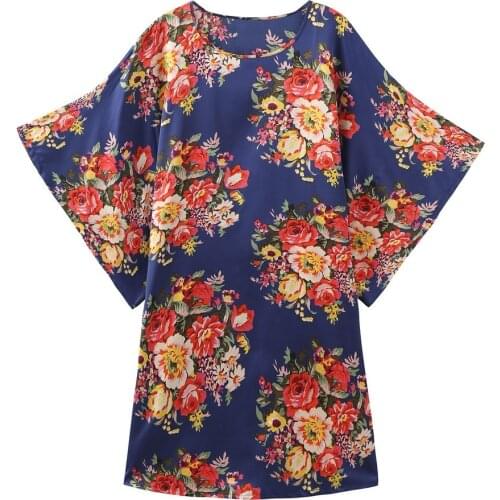Print Flower Nigtdress Lady Casual Loose Nightgown Sleepwear Silky Soft Satin Kimno Bathrobe Gown Half Sleeve Home Dressing Gown