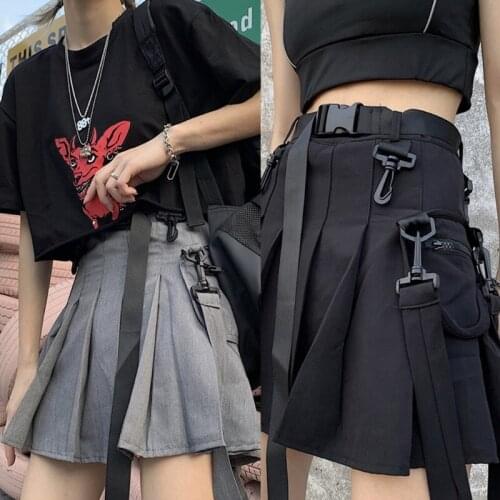 Women Gothic Punk High Waist Pleated Mini Cargo Skirt Harajuku Hip Hop Buckle Belt Zipper Pocket Solid A-Line Streetwear