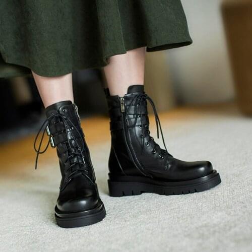 Genuine cow leather platform mid heel 2020 autumn new round toe lace-up ankle boots womens ankle boots