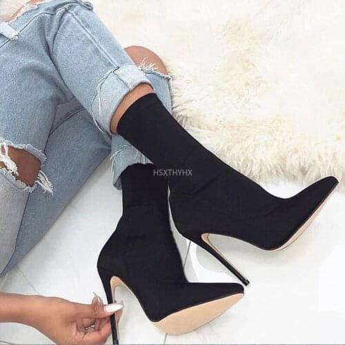 Women Shoes Pointed Toe Elastic Boots Candy Color Cloth Boots High Heel Socks Boots Thin High Heels Women Pumps Size 35-43
