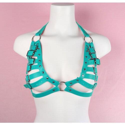 Sexy Lingerie Green Leather Harness Women Bra Cage Suspender Harajuku Goth Body Bondage Underwear Rave Outfit Beach Accessories