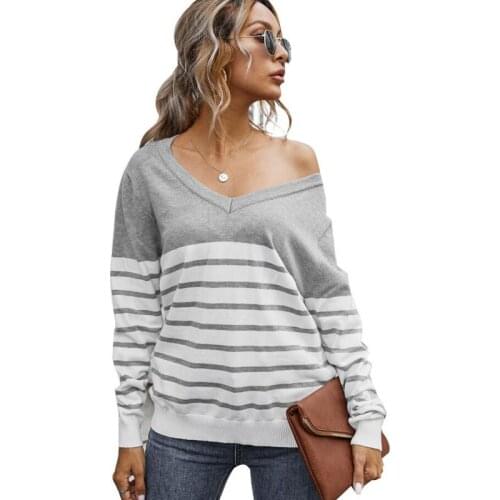 Women Autumn V Neck Long Sleeve Sweater Tops Loose Knit Pullover Sexy Tops Patchwork Striped Elegant Pullover Sweater CL671
