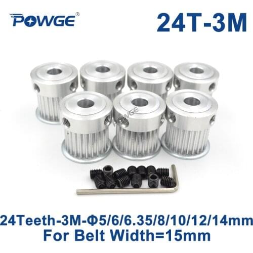 POWGE 7pcs 24 Teeth HTD 3M Timing Pulley Bore 5/6/6.35/8/10/12/14mm for Width 15mm 3M Synchronous belt HTD3M Pulley 24T 24Teeth