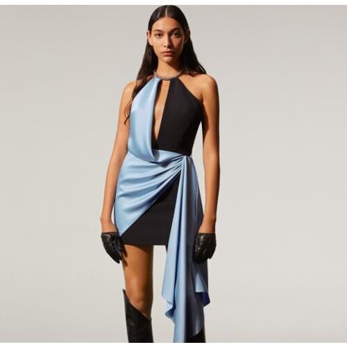 2021 Summer Women Belt Diamond Mini Short Slim black and blue Dress Sleeveless Bandage Bodycon Halter Night Club Party Vestidos