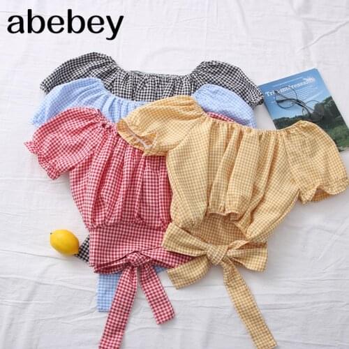 2021 New Summer Korean version fresh Plaid chiffon Blouse open back lace up bow chiffon Blouse Puff Sleeve short Top