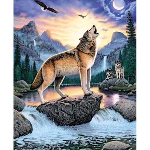 5D DIY Diamond Painting Wolf Cross Stitch Forest Wolf Moon Animal Needlework Home Decorative 3D Full Square Diamond Embroidery